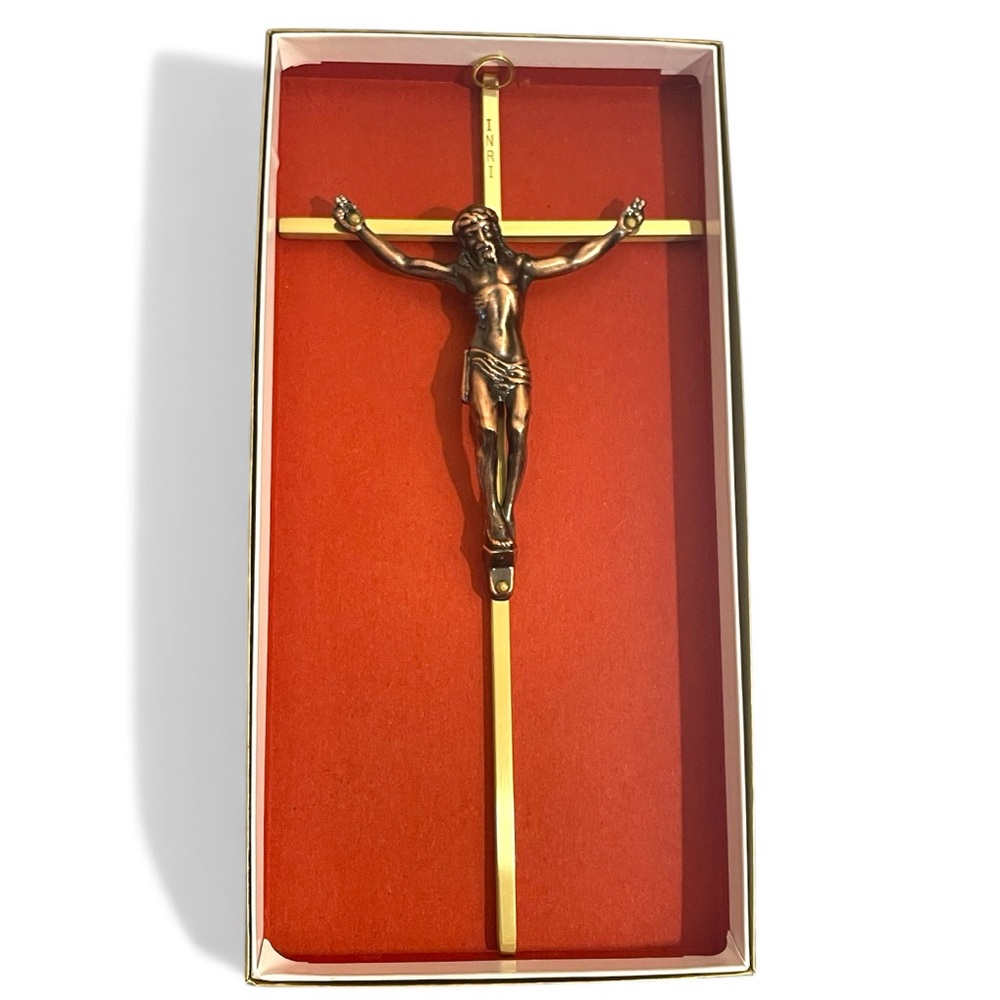 Vintage Solid Brass 10" Hanging Crucifix Wall Cross INRI Jesus With Box